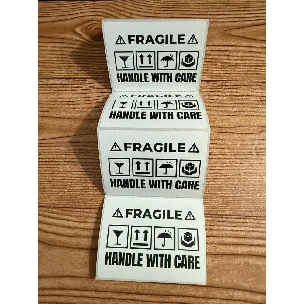 300 Fragile Handle With Care Shipping Stickers 4x3 Warning Labels White Black